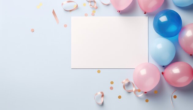 Gender Reveal: , Invitation Card Unveiled on a Stylish Table,decoration with pink and blue balloons ,top view 