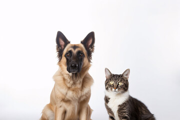 A pup and feline gaze at the lens against a pale backdrop.