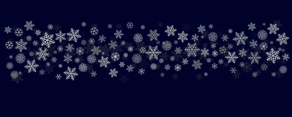 Christmas snowflakes background. Winter snow border blue decoration, greeting card. Noel subtle frame backdrop. Vector illustration