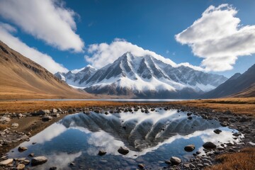 Obraz premium a mountain with a snow capped peak in the background is reflected in a lake. ai generative