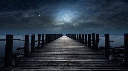 Fototapeta premium An old wooden pier extends out into the horizon, its aged structure silhouetted against the star-filled night sky