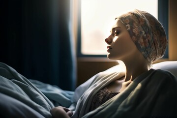 AI generated illustration of a sick young woman relaxing in bed wearing a head scarf - obrazy, fototapety, plakaty