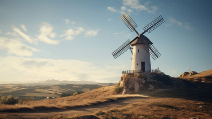 An old windmill stands proudly atop a hill, its large blades slowly turning in the gentle breeze