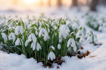 Close up Snowdrop flowers climb out from under the snow at dawn. ai generative