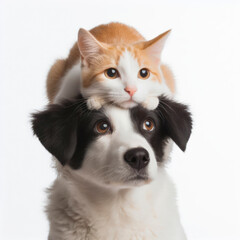 Dog with cat on top of its head on white Background. ai generative