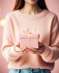 girl's hand holding a gift box. a young girl in pink holding