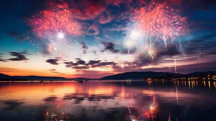 A spectacular display of fireworks lighting up the night sky over a calm, reflective body of water, marking a moment of celebration