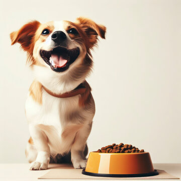 Smiling happy dog standing in front of bowl with dog food on plain background. ai generative