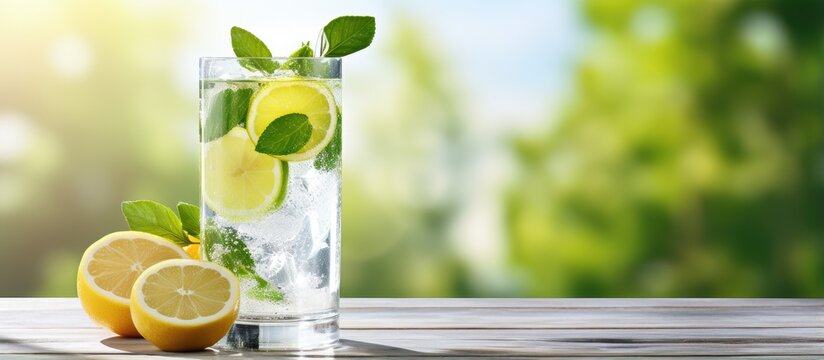 Organic refreshing lemonade made with sparkling water lime slices and fresh mint leaves in a tall glass with ice on a white table