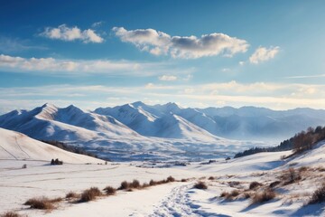 Fototapeta na wymiar Image of snowy landscape with hills and panoramic background. ai generative