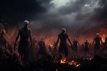 Fototapeta premium Group of Undead Creatures Gathered Around Fiery Blaze
