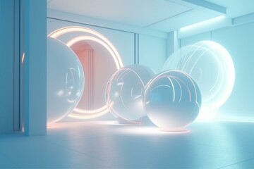 Abstract architectural spheres with neon lighting in a white interior. Drawing. 3D illustration and rendering. Generative AI