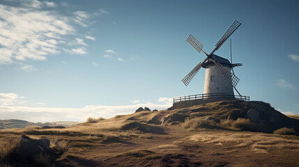 Fototapeta na wymiar An old windmill stands proudly atop a hill, its large blades slowly turning in the gentle breeze