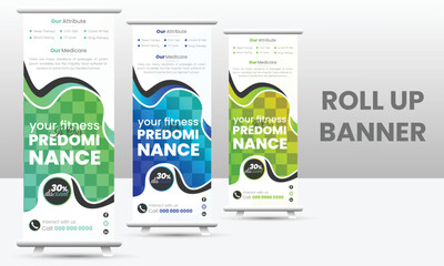 Modern and simple healthcare roll up banner design template with abstract shapes.
