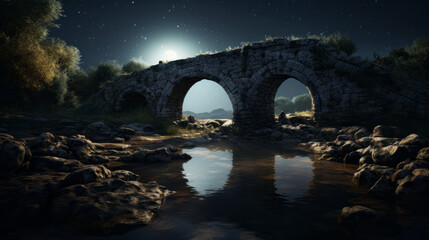 An old stone bridge spans a tranquil river, its ancient arches silhouetted against the night sky 
