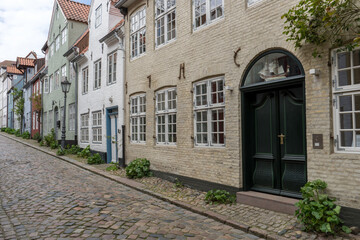Historic houses in the Oluf-Samson-Gang in the old town of Flensburg, Schleswig-Holstein, Germany
