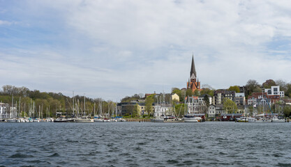 View of the Flensburg harbor and the Sankt Jürgen in spring