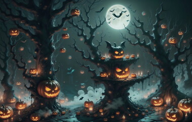 Obraz na płótnie Canvas A terrifying Halloween night with jack-o'-lanterns and vampire bats.