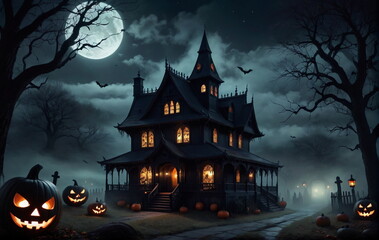 Fototapeta na wymiar A terrifying Halloween night with jack-o'-lanterns and vampire bats.