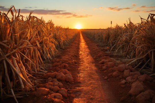 A Serene Corn Field at Sunset With Golden Rays Painting the Sky