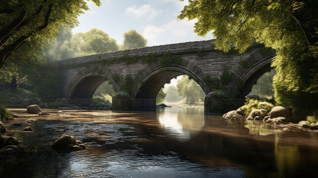 An old stone bridge, its arches gracefully spanning a calm river