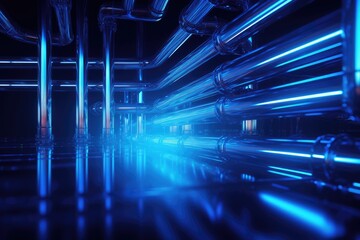 A Network of Interconnected Blue Pipes in a Brightly Lit Industrial Room - obrazy, fototapety, plakaty