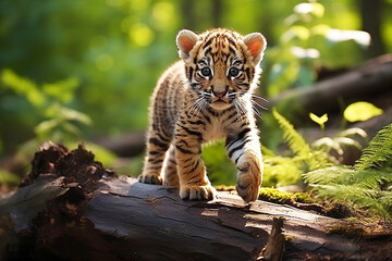 Tiger cub in nature on summer forest background. Closeup animal portrait