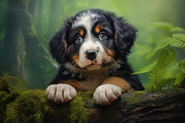 A Cute Puppy Poses on a Wooden Log Amidst a Serene Forest Setting