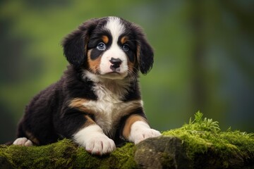 A Playful Puppy Perched on a Lush, Green Log in Nature