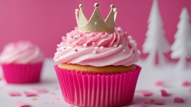 pink cupcake with pink frosting A festive photo of a pink cupcake with a princess gold crown on top. The cupcake is in a pink paper 