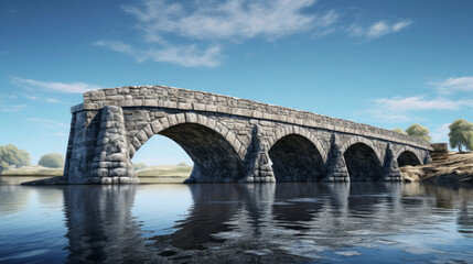 Fototapeta na wymiar An old stone bridge stands tall against a brilliant blue sky, spanning a wide expanse of calm waters