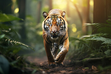 Adult wild beautiful tiger walking and hunting in nature - obrazy, fototapety, plakaty