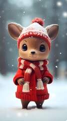 Adorable Reindeer in Christmas Attire with Snowy Blurred Background