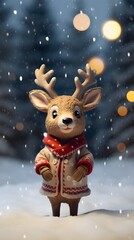 Adorable Reindeer in Christmas Attire with Snowy Blurred Background