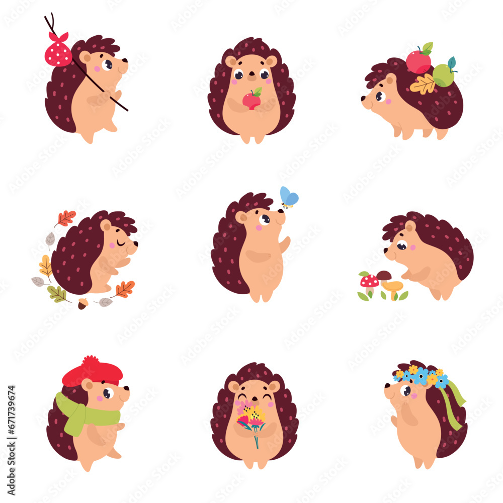 Poster cute hedgehog character engaged in different activity vector set