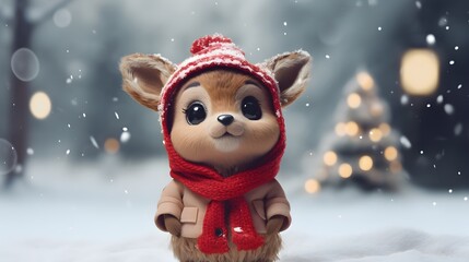 Adorable Reindeer in Festive Attire amidst Snowfall and Blurred Background