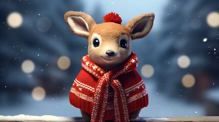 Adorable Reindeer in Festive Attire amidst Snowfall and Blurred Background