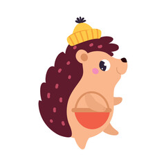 Cute Hedgehog Character in Hat Walk with Basket Vector Illustration