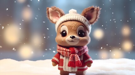 Adorable Reindeer in Festive Attire amidst Snowfall and Blurred Background