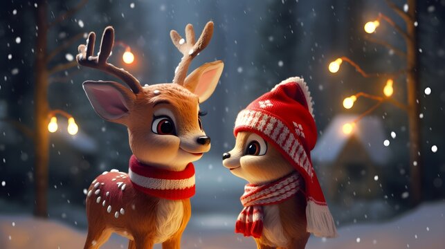 Adorable Reindeer in Festive Attire amidst Snowfall and Blurred Background