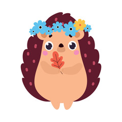 Cute Hedgehog Character Wear Floral Wreath on Head Vector Illustration
