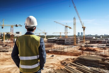 A Construction Worker Surveying a Busy Construction Site
