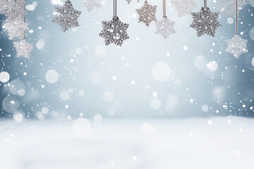 Banner mockup for a jewelry store with a silver snowflake pendant on a chain in a snowy winter decoration. Free space for product placement or advertising text.