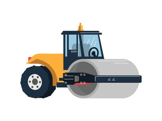 Yellow compactor, vibratory road roller and asphalt paver, vector heavy equipment for road construction and repair