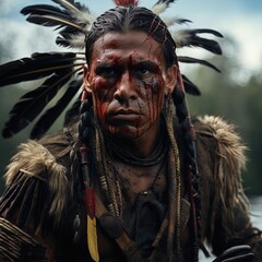 A fierce Native American warrior in traditional dress. 