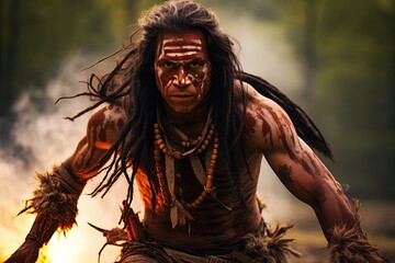 A fierce Native American warrior in traditional dress. 