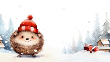 Fototapeta premium Cute hedgehog with winter stripped hat in a snowy winter landscape. Cute watercolor illustration for children, students and young-minded people.