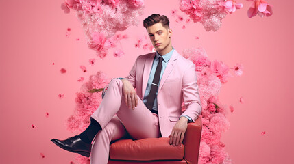 A stylish man in a business suit sits in a chair on a pink floral wall background. Spring fashion shopping banner mockup. - obrazy, fototapety, plakaty