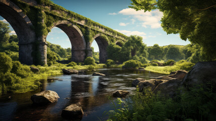 Fototapeta na wymiar An old railway bridge stands tall above a winding river, its large arches creating a majestic view of the surrounding landscape