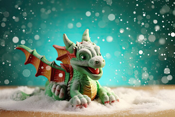 Toy green dragon on a snowy surface with falling snowflakes background. New Year symbol.